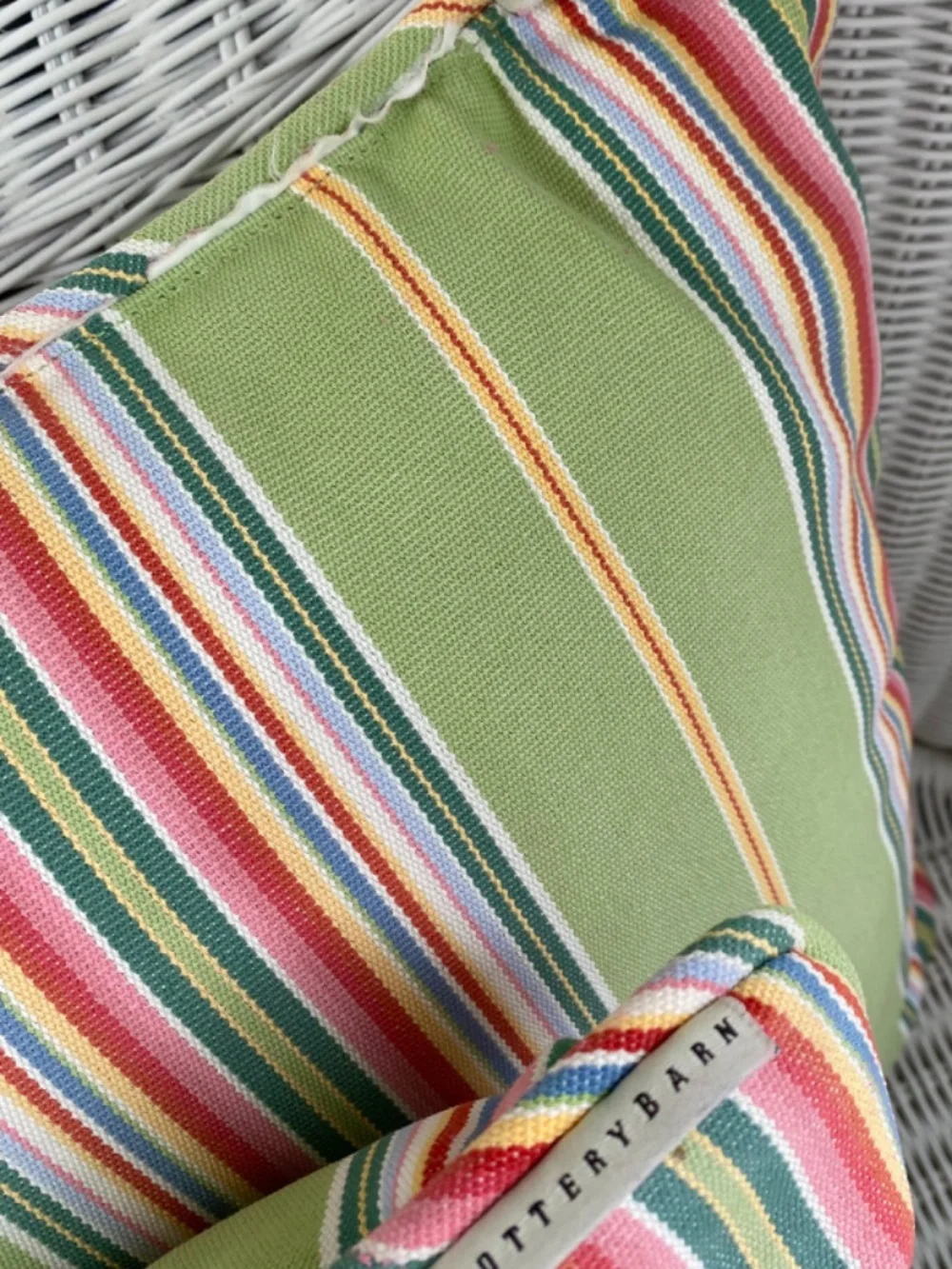 Pottery Barn Pillows in Lime Green, Orange, and Yellow Stripes. Square. Heavy Co